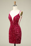 Snygg Fuchsia Spaghetti Straps Tight Homecoming Klänning