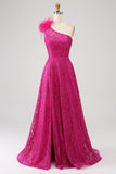 Fuchsia A-linje One Shoulder Feather Paljett Lång Balklänning med slits