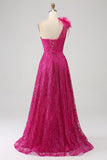Fuchsia A-linje One Shoulder Feather Paljett Lång Balklänning med slits