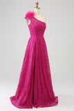 Fuchsia A-linje One Shoulder Feather Paljett Lång Balklänning med slits