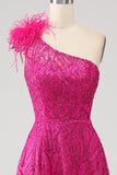Fuchsia A-linje One Shoulder Feather Paljett Lång Balklänning med slits