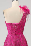 Fuchsia A-linje One Shoulder Feather Paljett Lång Balklänning med slits