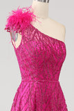 Fuchsia A-linje One Shoulder Feather Paljett Lång Balklänning med slits