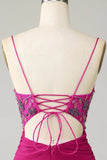 Snygga Bodycon Spaghettiband Fuchsia Kort Homecoming Klänning med Pärlstav