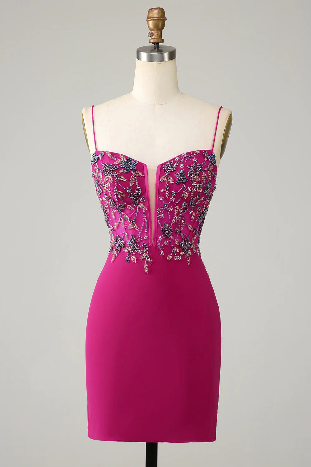 Snygga Bodycon Spaghettiband Fuchsia Kort Homecoming Klänning med Pärlstav