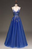 A-linjeformade paljetter Royal Blue Balklänning med applikationer