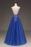 A-linjeformade paljetter Royal Blue Balklänning med applikationer