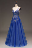 A-linjeformade paljetter Royal Blue Balklänning med applikationer