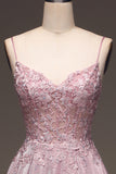 Glitter Spaghetti Straps Blush Prom Klänning med Beading