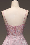 Glitter Spaghetti Straps Blush Prom Klänning med Beading