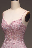 Glitter Spaghetti Straps Blush Prom Klänning med Beading