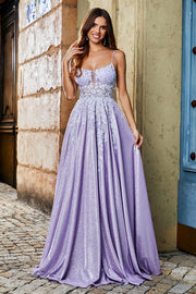 Lila A-linje Spaghetti Straps Lång Glitter Balklänning Med Pärlor