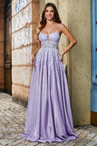Lila A-linje Spaghetti Straps Lång Glitter Balklänning Med Pärlor