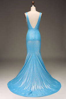 Glitter Blå V-ringad Mermaid Balklänning