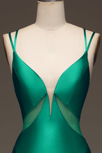 Grön djup V-ringad Satin Mermaid Balklänning med snörning i ryggen