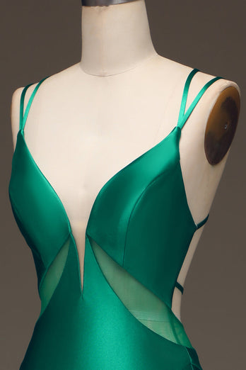 Grön djup V-ringad Satin Mermaid Balklänning med snörning i ryggen