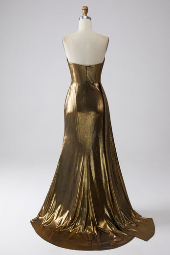 Glittrande sjöjungfru gyllene lång balklänning med slits