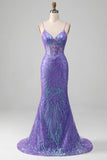 Mermaid Glittrande Lila Korsett Balklänning