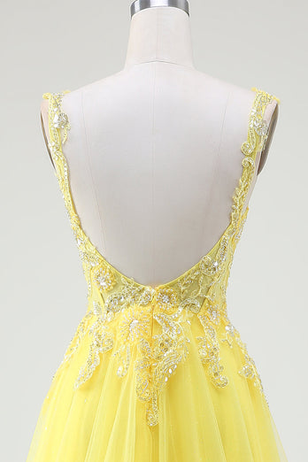 Tyll pärlstav gul korsett balklänning med slits