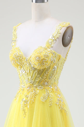 Tyll pärlstav gul korsett balklänning med slits