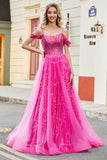A-linje Cold Shoudler Glittrande Varm Rosa Korsett Balklänning med Beading