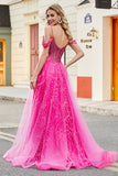 A-linje Cold Shoudler Glittrande Varm Rosa Korsett Balklänning med Beading