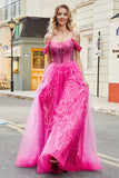 A-linje Cold Shoudler Glittrande Varm Rosa Korsett Balklänning med Beading