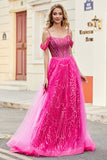 A-linje Cold Shoudler Glittrande Varm Rosa Korsett Balklänning med Beading
