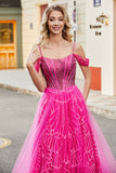 A-linje Cold Shoudler Glittrande Varm Rosa Korsett Balklänning med Beading
