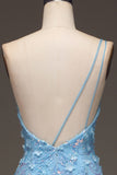 Ljusblå sjöjungfru One Shoulder Side Slit Paljett Balklänning med applikationer