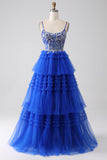 Royal Blue Tiered Balklänning med paljetter