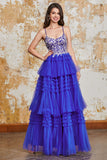 Underbar A Line Spaghetti Straps Royal Blue Lång Balklänning med Volanger Appliques