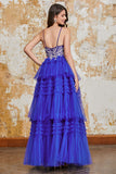 Underbar A Line Spaghetti Straps Royal Blue Lång Balklänning med Volanger Appliques