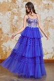 Underbar A Line Spaghetti Straps Royal Blue Lång Balklänning med Volanger Appliques