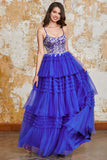 Underbar A Line Spaghetti Straps Royal Blue Lång Balklänning med Volanger Appliques