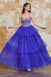 Underbar A Line Spaghetti Straps Royal Blue Lång Balklänning med Volanger Appliques