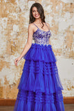 Underbar A Line Spaghetti Straps Royal Blue Lång Balklänning med Volanger Appliques