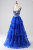 Royal Blue Tiered Balklänning med paljetter