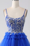 Royal Blue Tiered Balklänning med paljetter