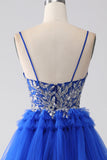 Royal Blue Tiered Balklänning med paljetter