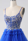 Royal Blue Tiered Balklänning med paljetter