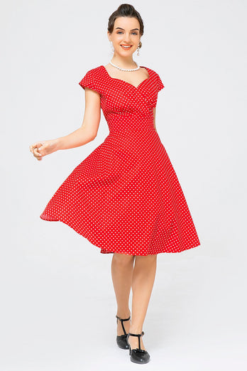 Röd liten vit Prickig swing klänning