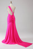 Mermaid Hot Pink One Shoulder Lång Balklänning