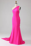 Mermaid Hot Pink One Shoulder Lång Balklänning
