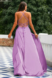 Royal Blue A-linje Spaghetti Straps Backless Lång Satin Balklänning med slits