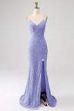 Glittrande Royal Blue Mermaid Spaghetti Straps Paljett Lång Balklänning Med Split
