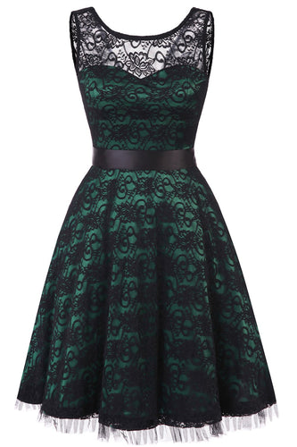 Vintage Elegant Mörkgrön Spetsklänning