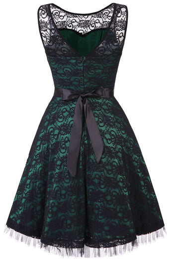 Vintage Elegant Mörkgrön Spetsklänning