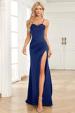 Mörkgrön sjöjungfru Spaghetti Straps Satin Prom Klänning med Split Front