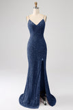 Glittrande Royal Blue Mermaid Spaghetti Straps Paljett Lång Balklänning Med Split